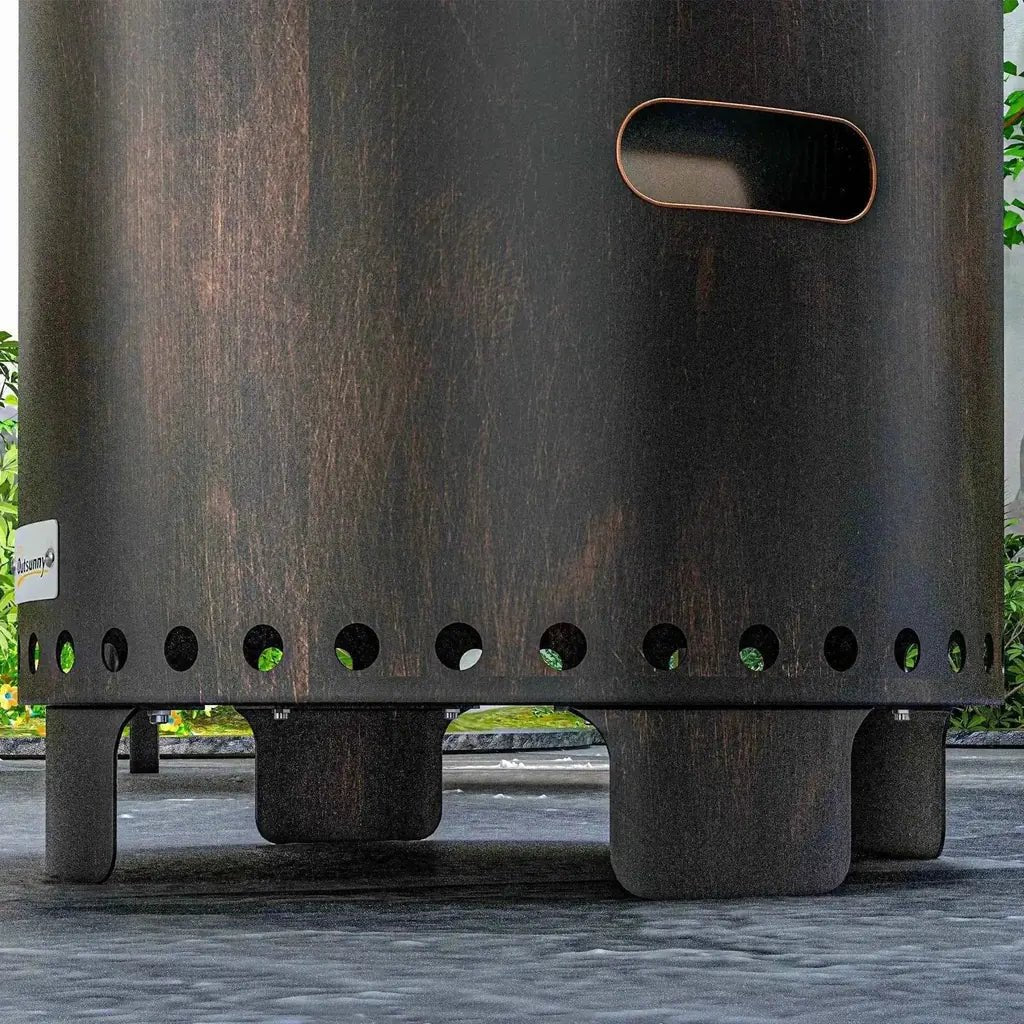 Outsunny black metal wood-burning smokeless fire pit with dark brown rustic finish handle and circular ventilation holes