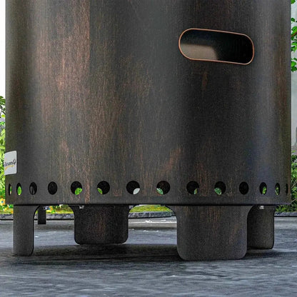 Outsunny black metal wood-burning smokeless fire pit with dark brown rustic finish handle and circular ventilation holes