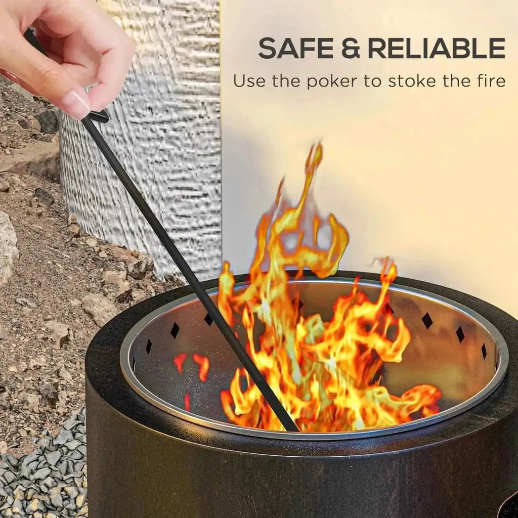 Black metal fire poker with looped handle for safely stoking fires in outsunny metal wood-burning smokeless fire pit