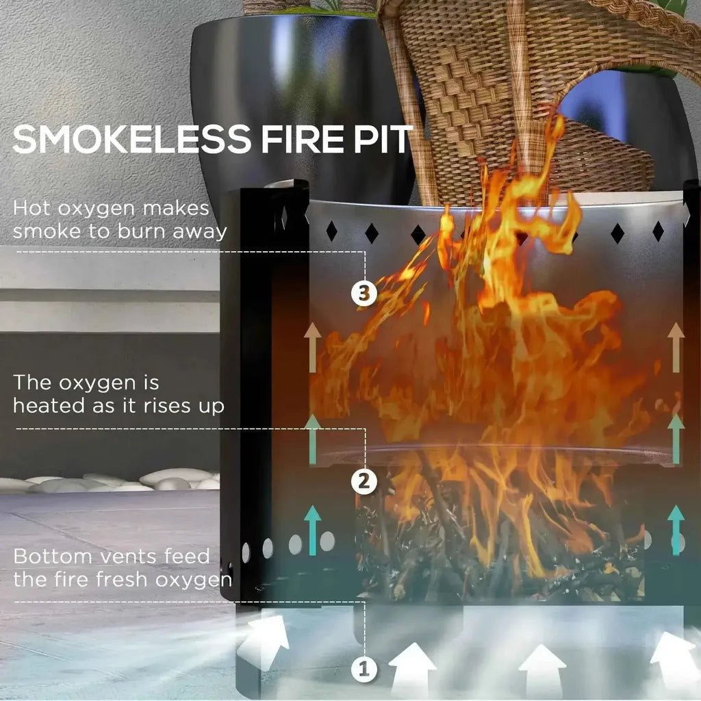 Outsunny metal wood-burning smokeless fire pit in black with sleek metallic finish and diamond-shaped cutouts