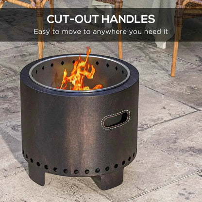 Outsunny metal wood-burning smokeless fire pit in black with cylindrical shape cut-out handles and perforated base