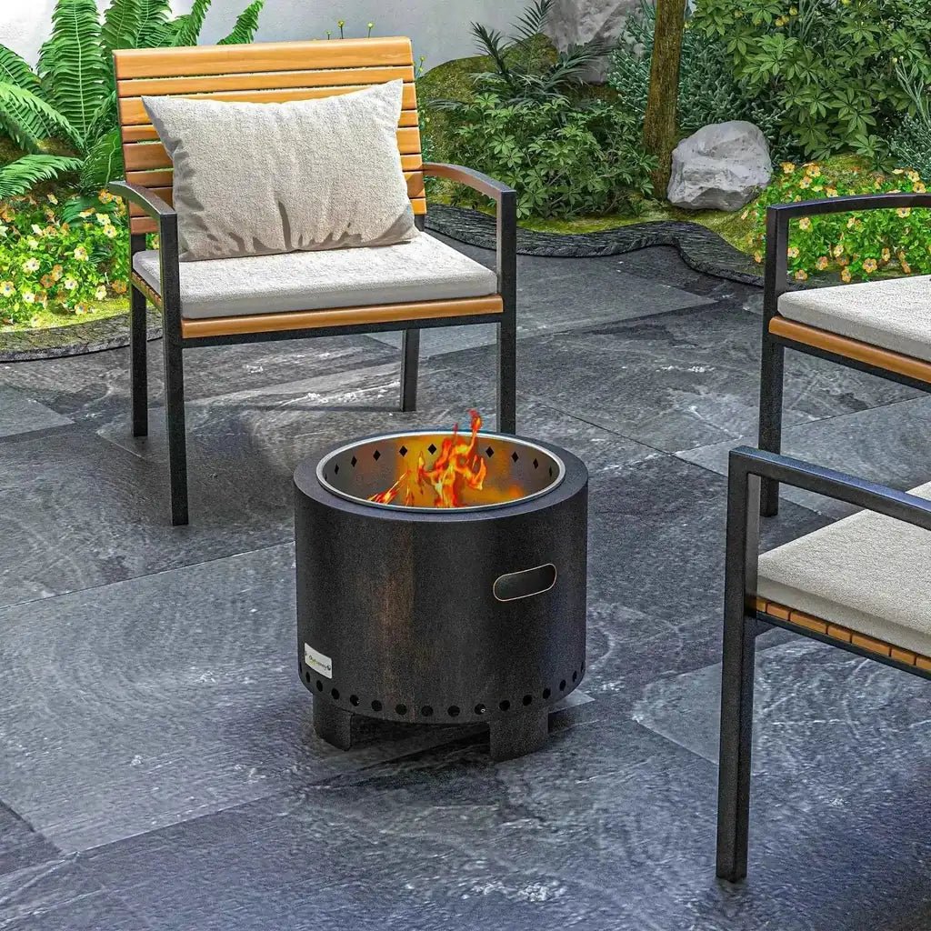 Outsunny metal wood-burning smokeless fire pit in black with perforated sides and a handle, 42cm circular design