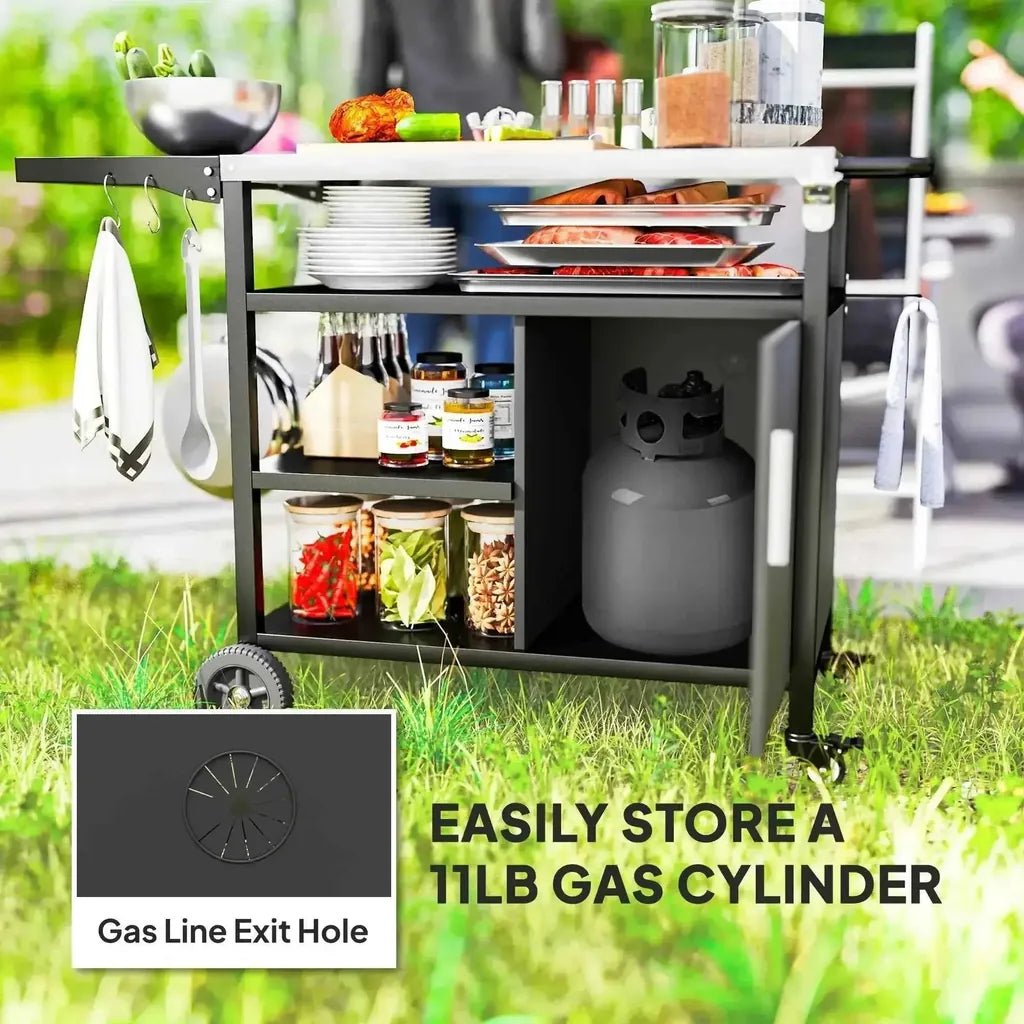 Outsunny outdoor bbq trolley is a black metal grill cart with wheels foldable side table and storage shelves
