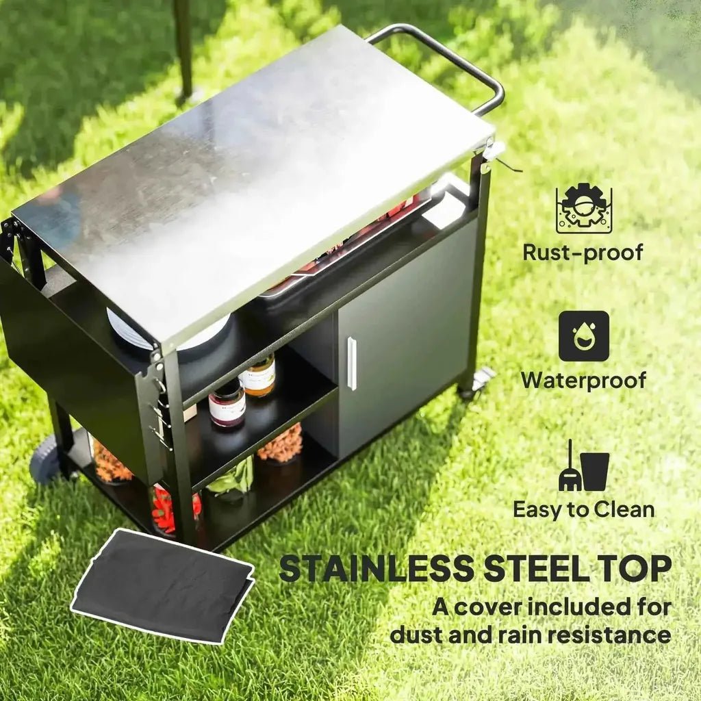 Outsunny outdoor bbq trolley with stainless steel top grill cart black frame wheels and foldable side table
