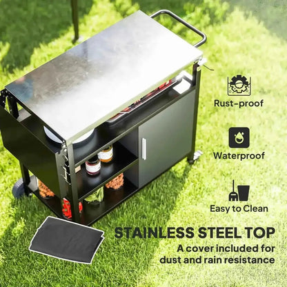 Outsunny outdoor bbq trolley with stainless steel top grill cart black frame wheels and foldable side table