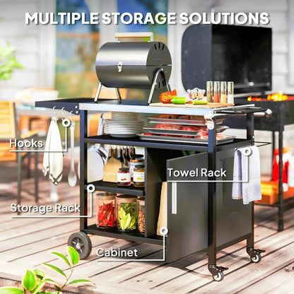 Outsunny Outdoor BBQ Trolley with Foldable Side Table - Black | 846-157V00BK