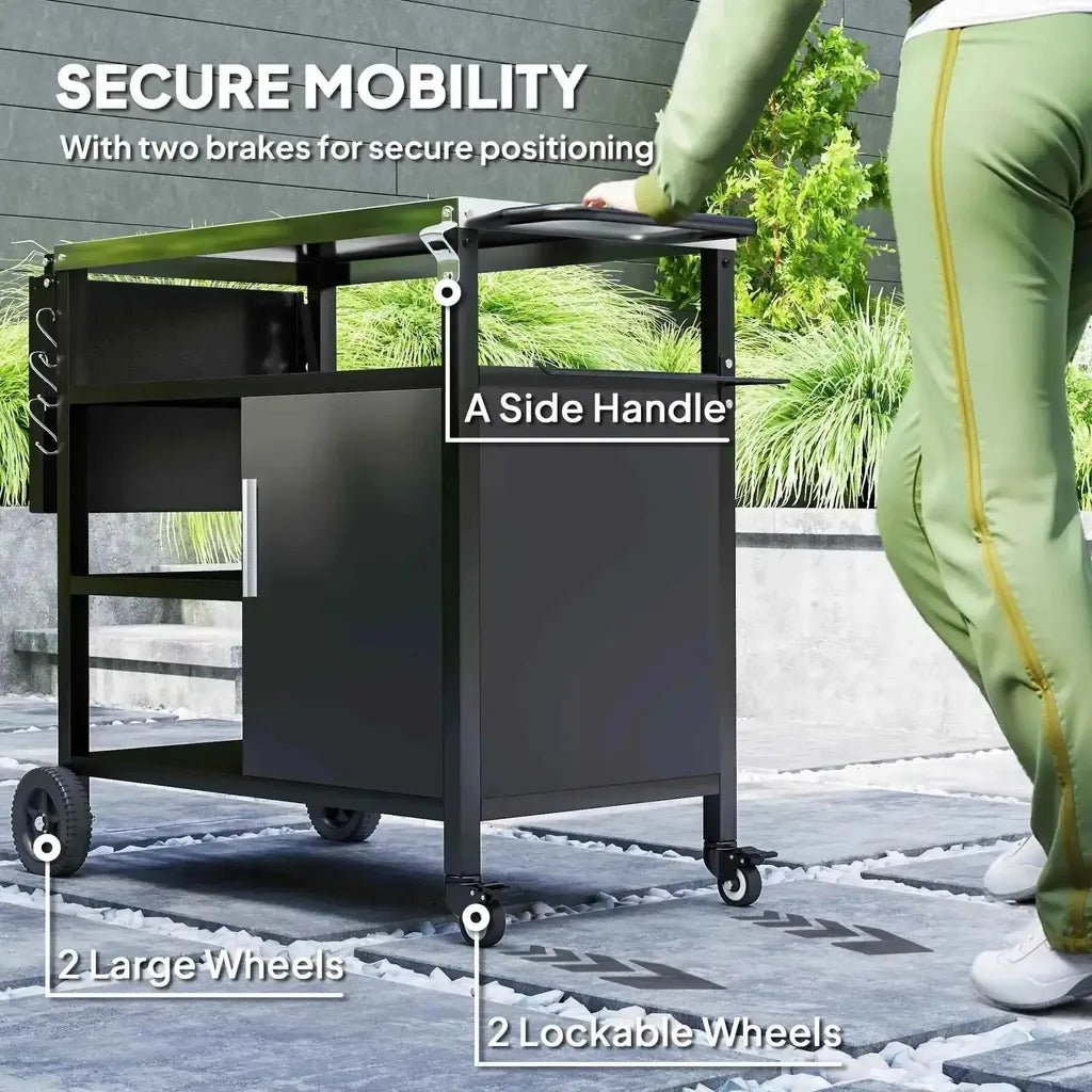 Outsunny outdoor black metal BBQ trolley with foldable side table, two large and two lockable wheels, side handle for mobility