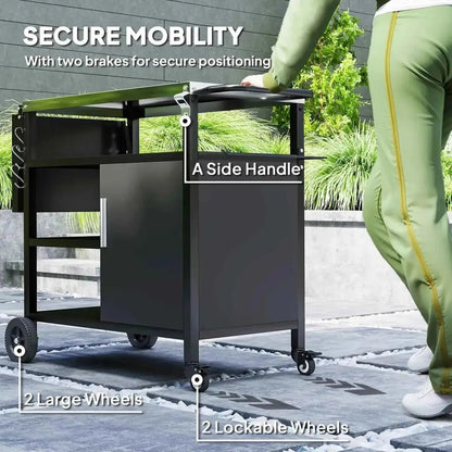 Outsunny outdoor black metal BBQ trolley with foldable side table, two large and two lockable wheels, side handle for mobility
