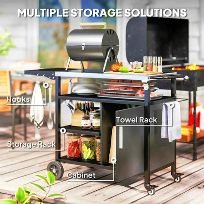 Black metal outdoor grill cart with multiple storage compartments wheels and foldable side table by outsunny