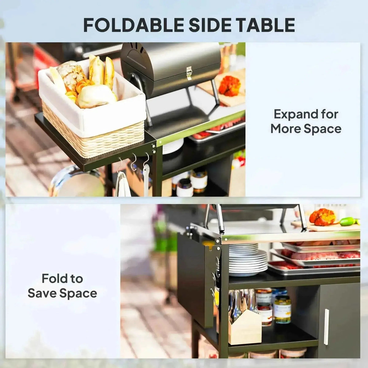 Outsunny outdoor bbq trolley with black metal foldable side table and shelves featuring a woven basket for storage