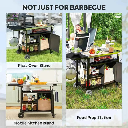 Outsunny outdoor bbq trolley black mobile kitchen cart with foldable side table shelves and storage compartments
