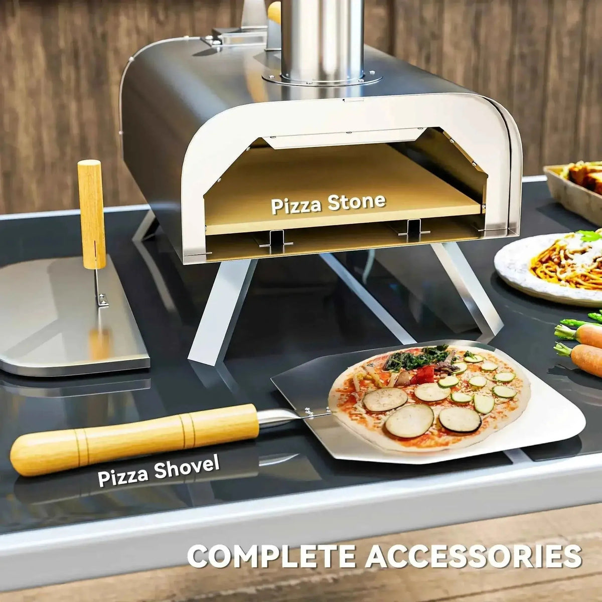 Outsunny outdoor pizza oven stainless steel with golden interior stone and wooden handled tools for wood pellet cooking