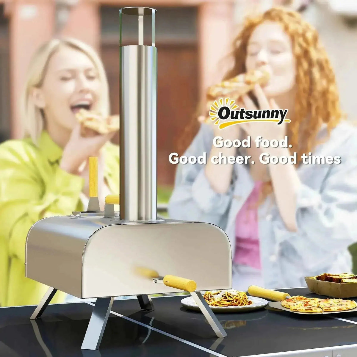 Outsunny outdoor stainless steel wood pellet pizza oven with sleek modern design and yellow-handled tools