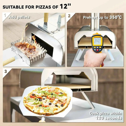 Stainless steel outsunny outdoor pizza oven with digital thermometer and wooden pellet handle for wood cooking