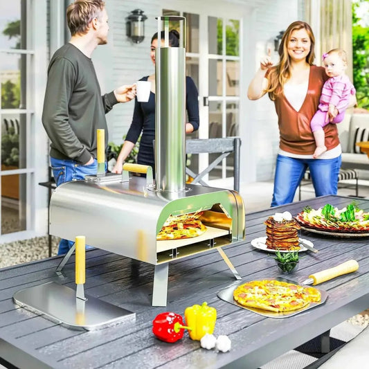Outsunny outdoor stainless steel pizza oven with tall cylindrical chimney and yellow-handled tools nearby