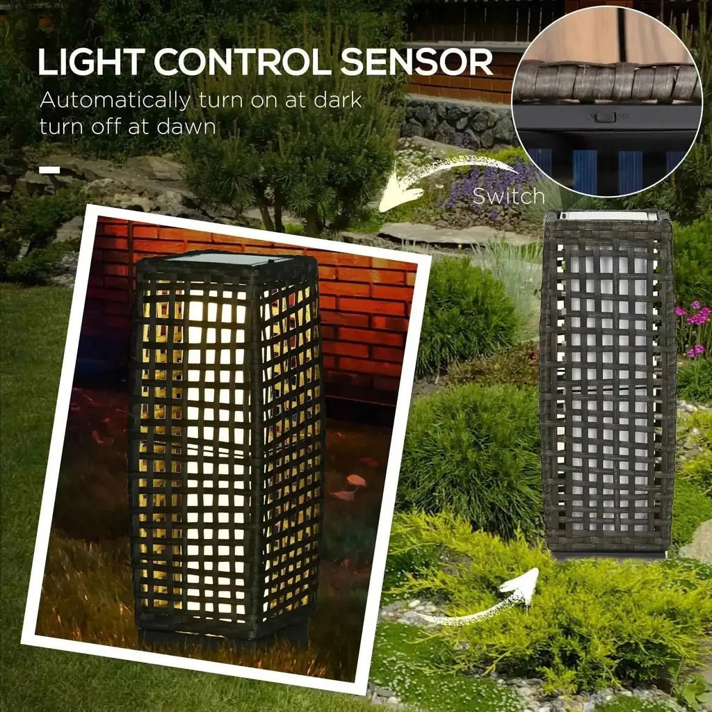 Outsunny outdoor rattan solar garden lantern in grey brushed pe wicker with grid pattern and light control sensor