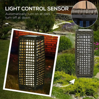 Outsunny outdoor rattan solar garden lantern in grey brushed pe wicker with grid pattern and light control sensor