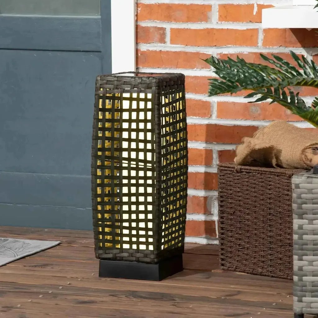 Outsunny outdoor dark brown woven rattan solar lantern with grid pattern warm glowing light and auto on off feature