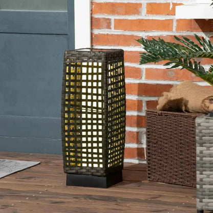 Outsunny outdoor dark brown woven rattan solar lantern with grid pattern warm glowing light and auto on off feature