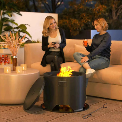 Outsunny Outdoor Round Fire Pit with Lid and Fire Poker - Black | 842-376V00BK