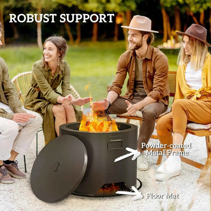 Outsunny Outdoor Round Fire Pit with Lid and Fire Poker - Black | 842-376V00BK