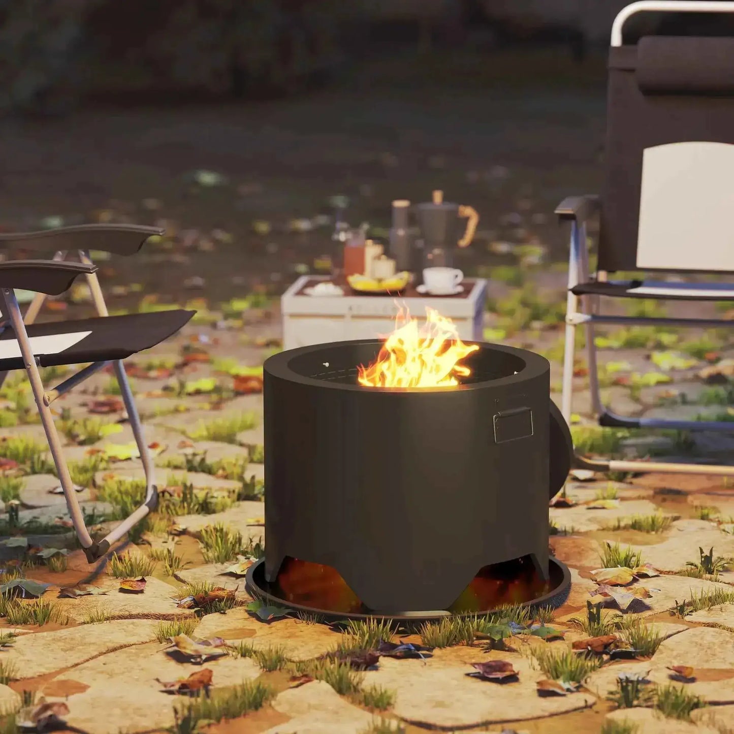 Outsunny Outdoor Round Fire Pit with Lid and Fire Poker - Black | 842-376V00BK