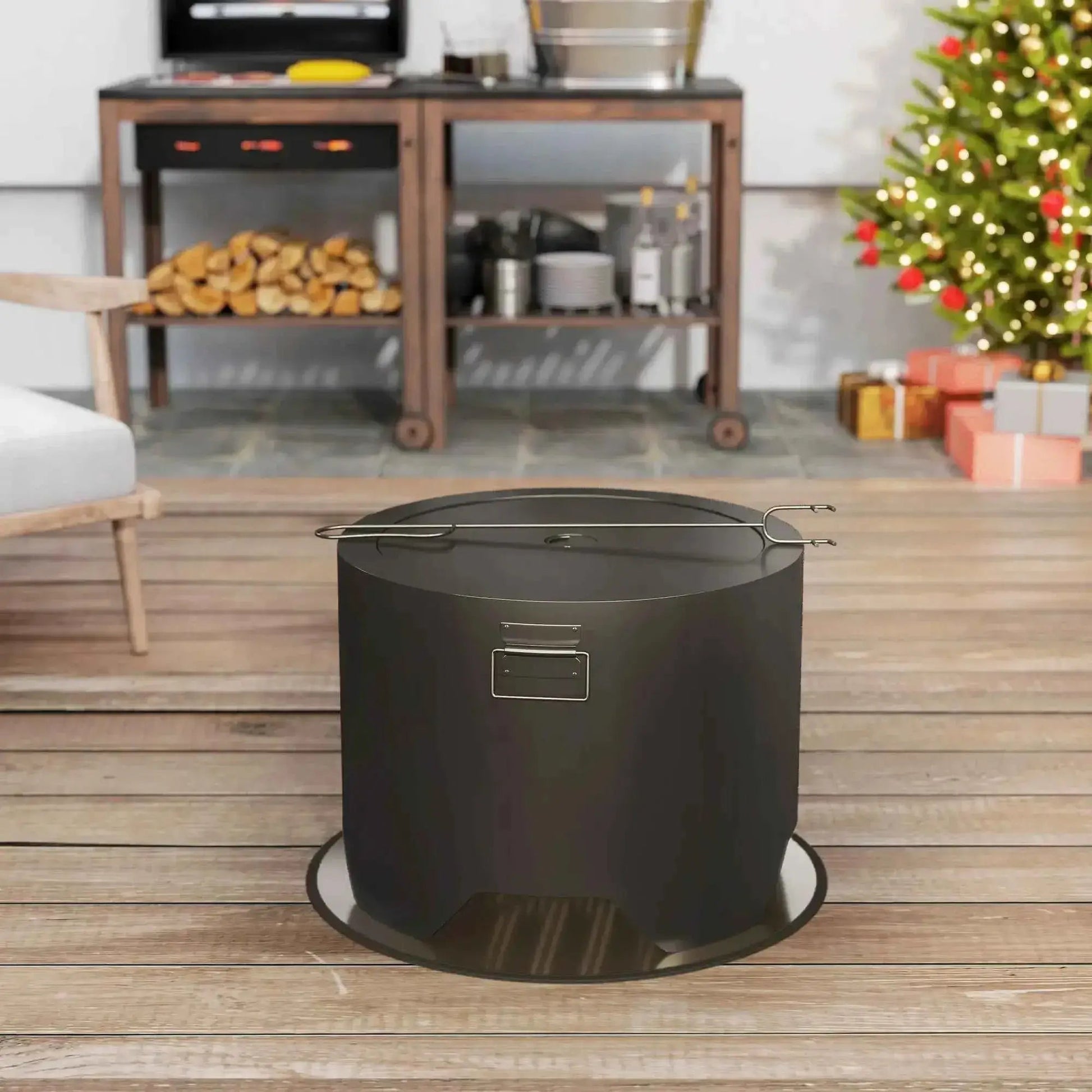 Outsunny Outdoor Round Fire Pit with Lid and Fire Poker - Black | 842-376V00BK