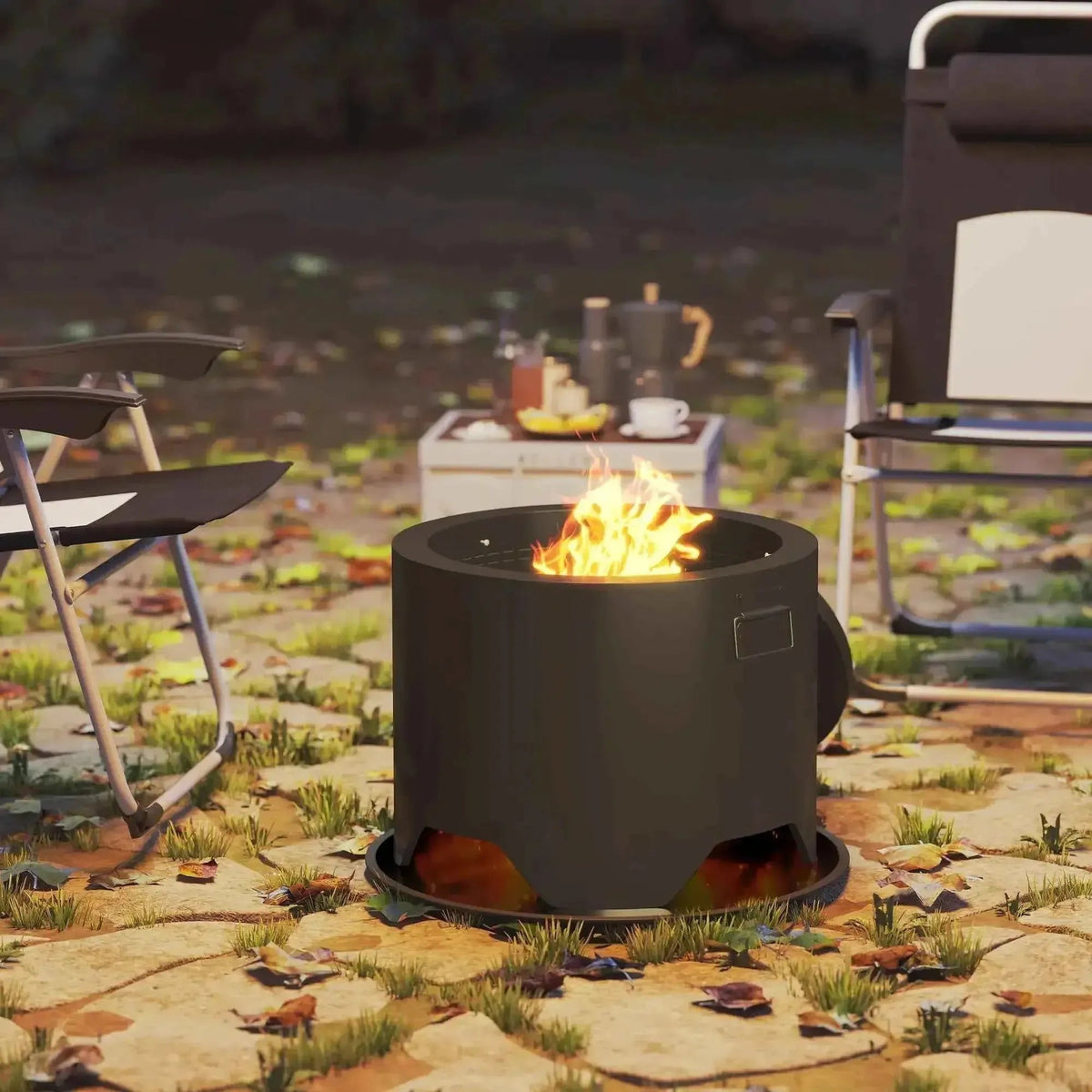 Outsunny outdoor round black cylindrical fire pit with flame burning inside and handle on the side with lid and fire poker