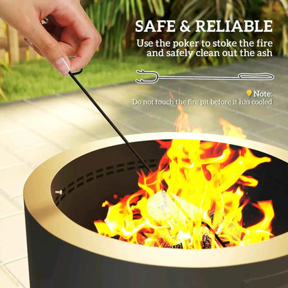 Black metal fire pit poker with looped handle and pointed end for safely stoking fires or cleaning ash outdoors