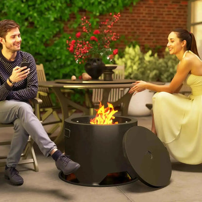 Outsunny outdoor round black cylindrical fire pit with lid and fire poker for backyard use