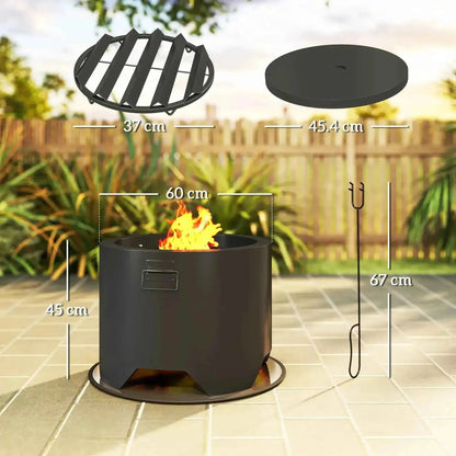 Outsunny outdoor round black cylindrical fire pit with lid grill fire poker sturdy metal 45cm height 60cm diameter