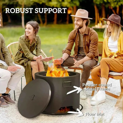Outsunny outdoor round fire pit in black powder-coated metal with matching lid and built-in floor mat for safe use