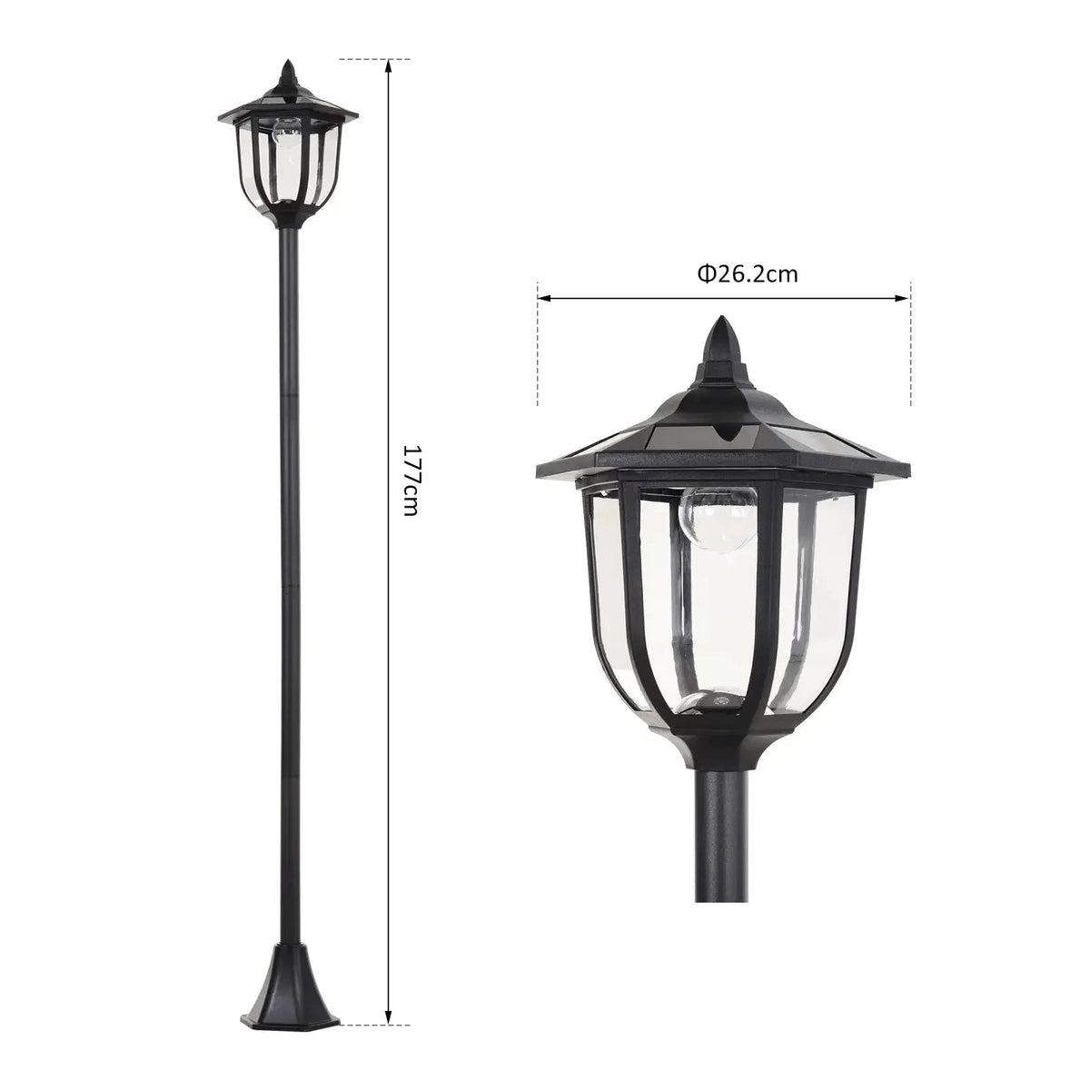Black outdoor solar lantern with clear glass panels and pointed roof from Outsunny 1.77m tall lamp post with sensor