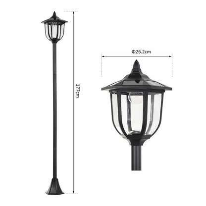 Black outdoor solar lantern with clear glass panels and pointed roof from Outsunny 1.77m tall lamp post with sensor