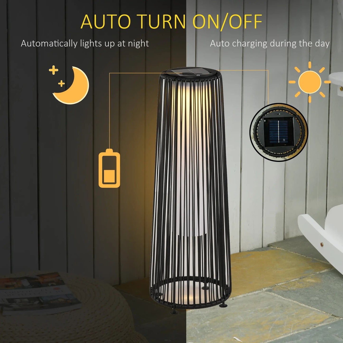 Outsunny Patio Garden Solar Powered Lights Woven Resin Wicker Lantern Auto On/Off - Black | 866 - 066BK - Garden Lighting