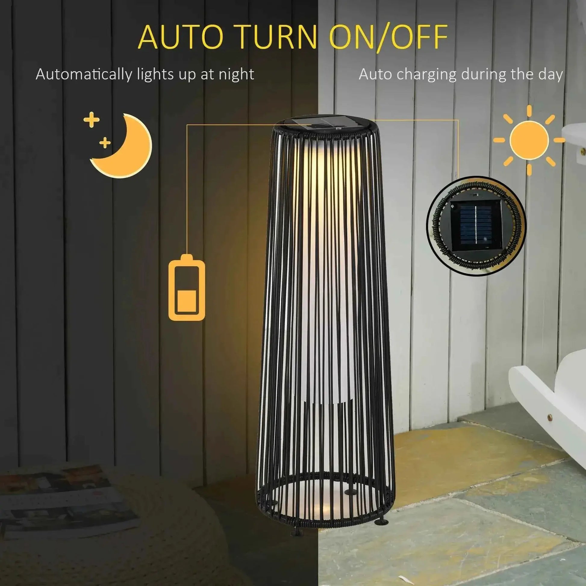 Outsunny Solar Powered Woven Resin Wicker Lantern, Auto On/Off - Black | 866-066BK