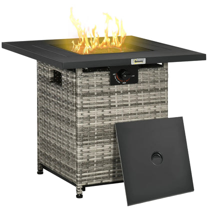 Gray woven wicker outdoor fire pit table with black metal top and propane flame feature by outsunny