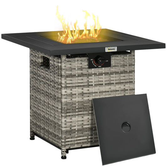 Gray woven wicker outdoorsunny pe rattan gas fire pit table with black square top and burning propane flame