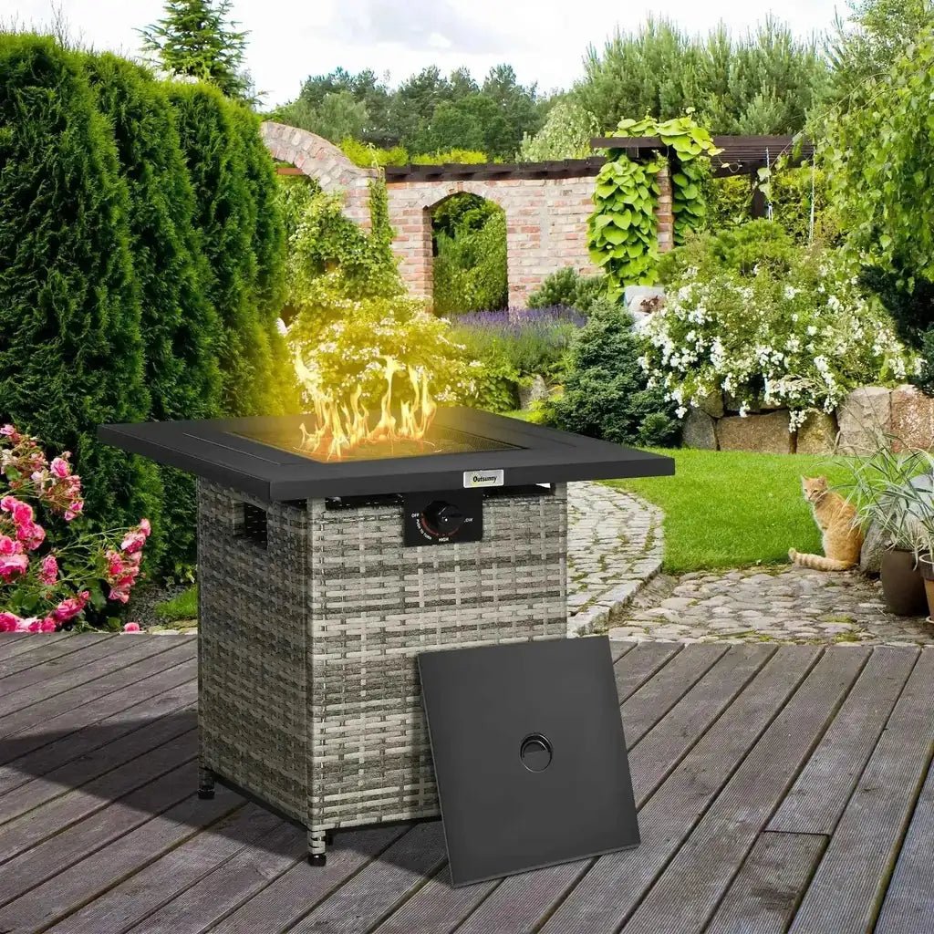 Outsunny pe rattan gas fire pit table in mixed grey woven wicker with black metal top and flame effect for ambiance