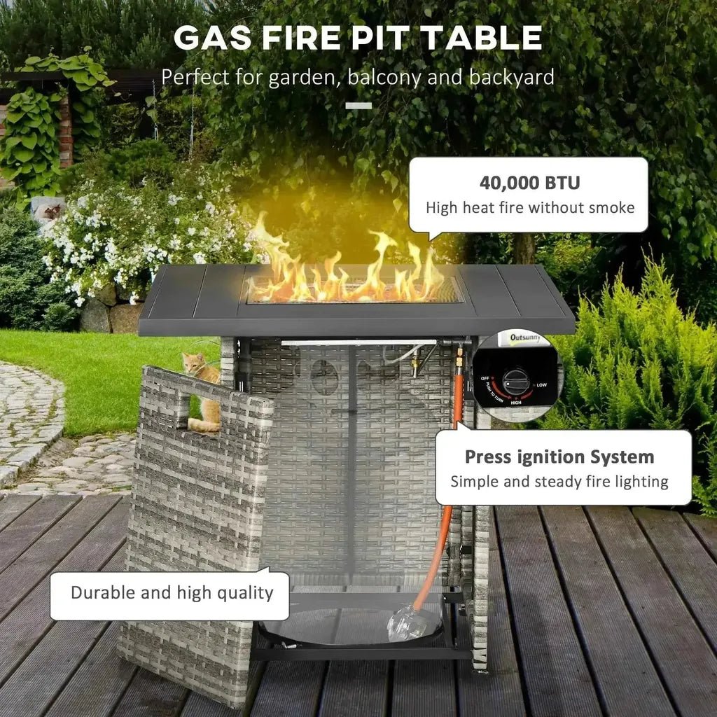 Outsunny pe rattan gray wicker gas fire pit table with black top and glowing flame propane heater square design