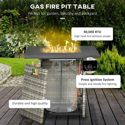 Outsunny pe rattan gray wicker gas fire pit table with black top and glowing flame propane heater square design