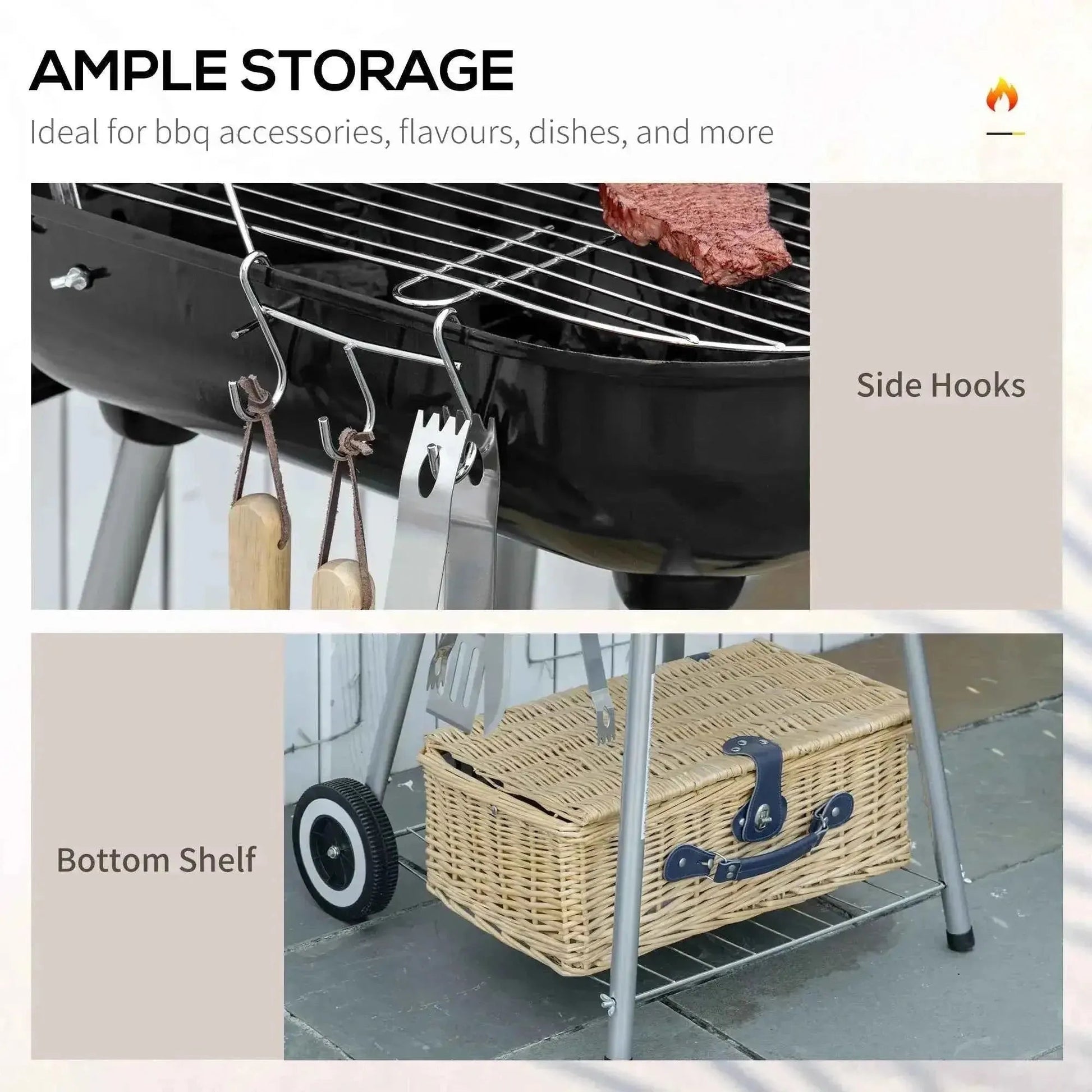 Outsunny portable black charcoal grill with wheels side hooks and bottom shelf holding wicker picnic basket