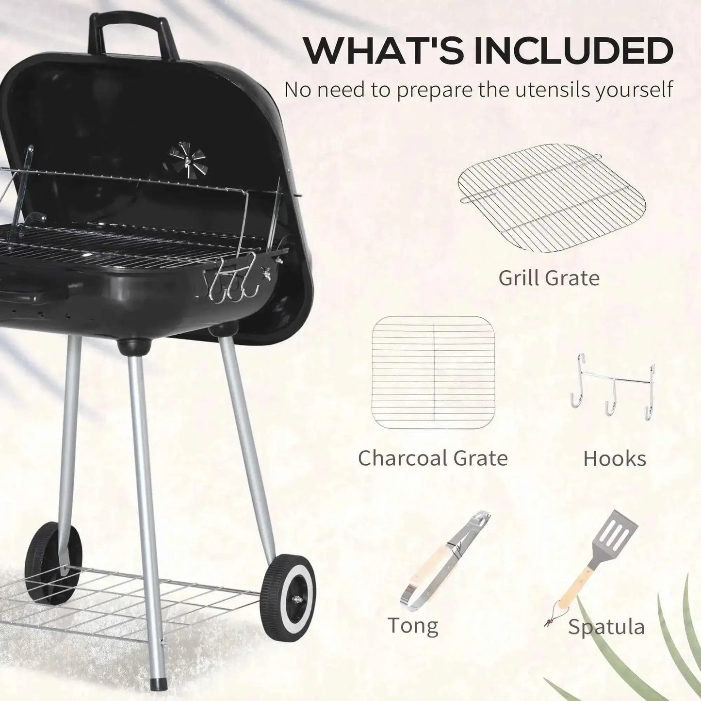 Outsunny Portable BBQ Charcoal Grill – Wheels, Utensils, Smoker, Lid | 846-093