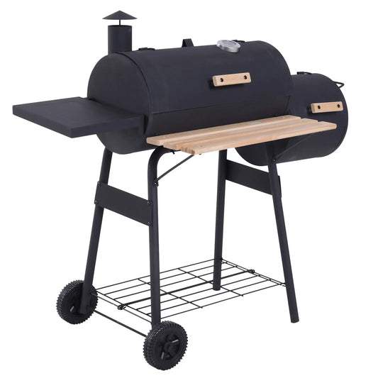 Outsunny Portable Charcoal BBQ Grill, Cold - rolled Steel, Solid Wood, 104H x 124L x53W cm - Black 846 - 036 - Garden & Outdoor