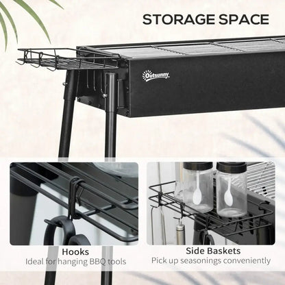 Outsunny Portable Charcoal BBQ Grill with Hooks & Baskets - Black | 846 - 112V00BK - BBQs & Grills