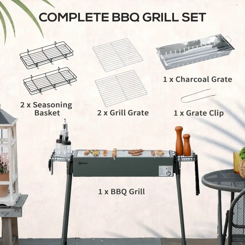 Outsunny Portable Charcoal Barbecue BBQ Grill with Seasoning Baskets and Hooks, Compact Stainless Steel Cooker for Camping Picnic Hiking Garden Party Festival 846 - 112V00DG - Garden & Outdoor