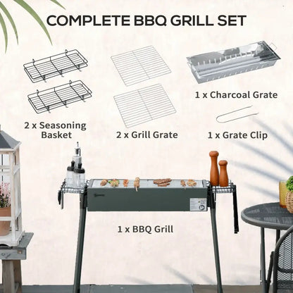 Outsunny Portable Charcoal Barbecue BBQ Grill with Seasoning Baskets and Hooks, Compact Stainless Steel Cooker for Camping Picnic Hiking Garden Party Festival 846 - 112V00DG - Garden & Outdoor