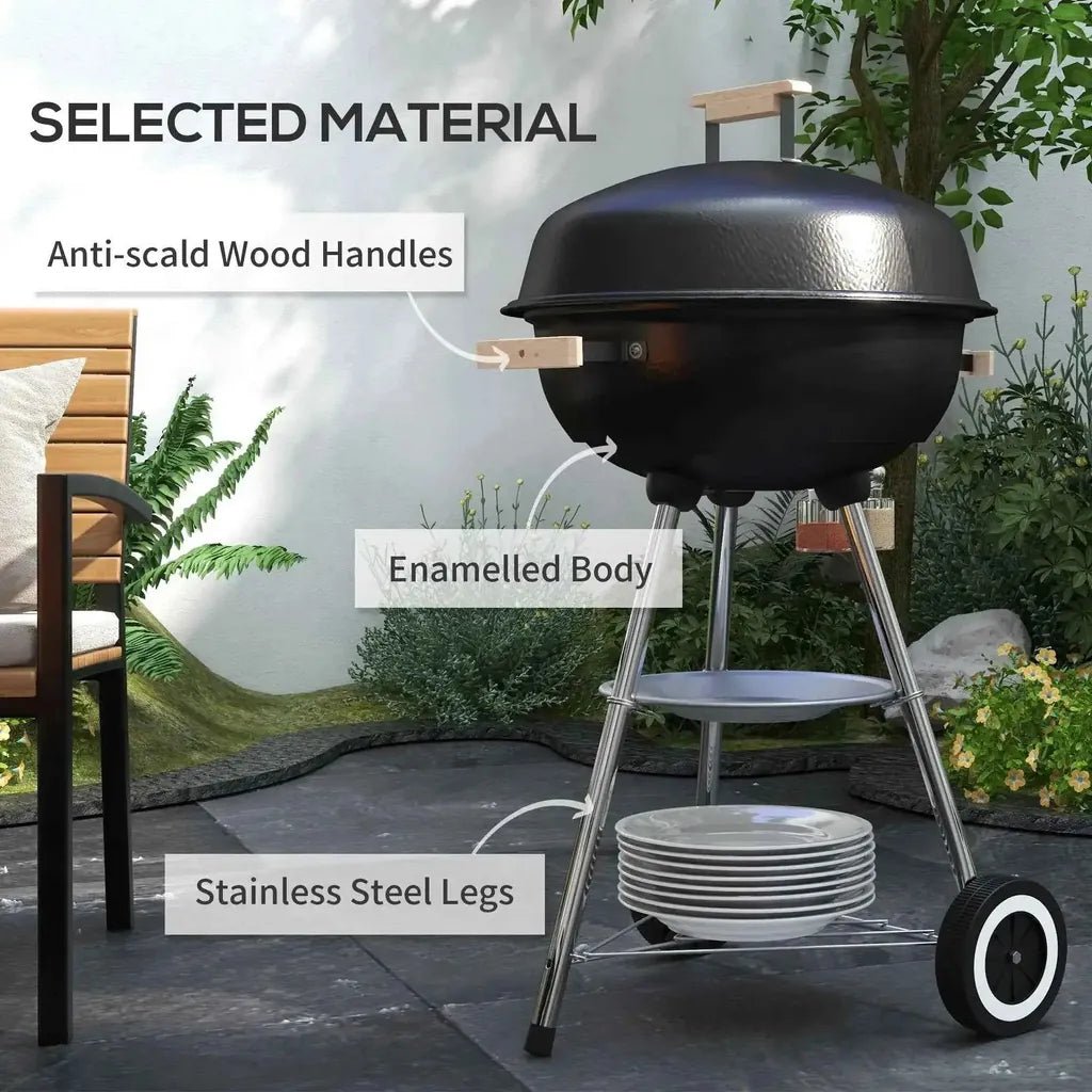 Outsunny portable charcoal kettle bbq smoker in black enamel with anti-scald wood handles and stainless steel legs