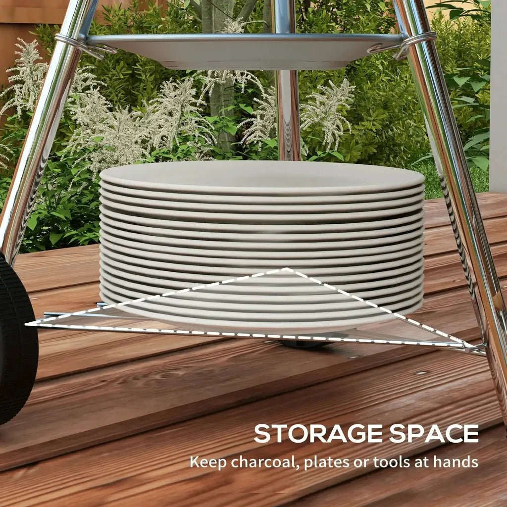 A stack of white ceramic plates shown with the outsunny portable charcoal kettle bbq smoker with lid in black