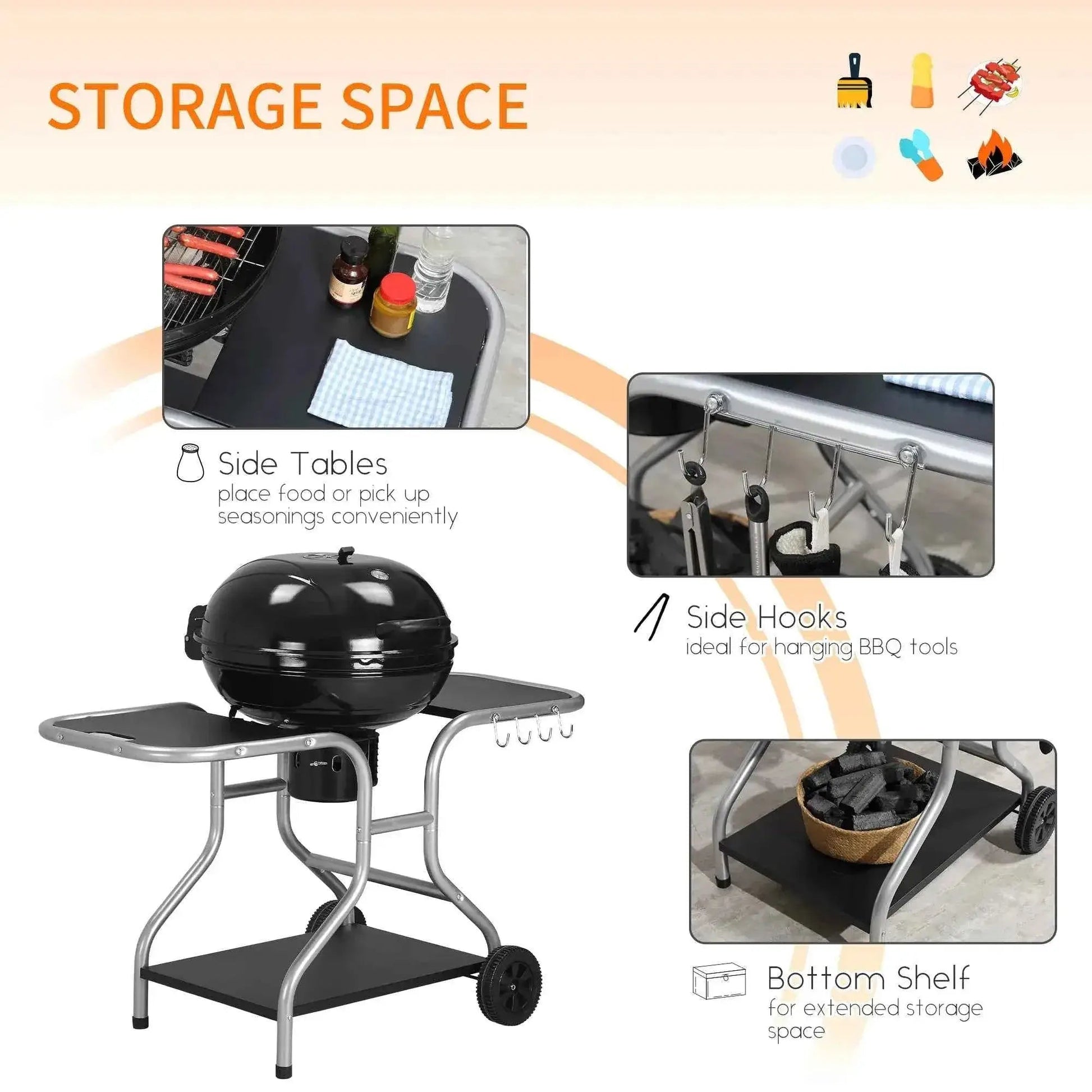 Outsunny Portable Charcoal Kettle Grill with Trolley - Black | 01-0561